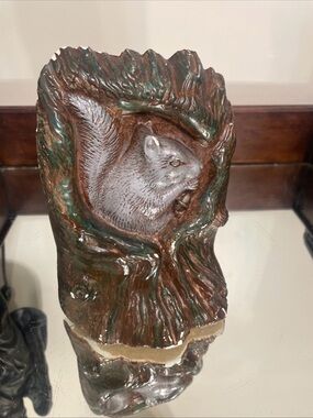Hand-Painted Ceramic Squirrel Tree Stump Sculpture - Brown/Green